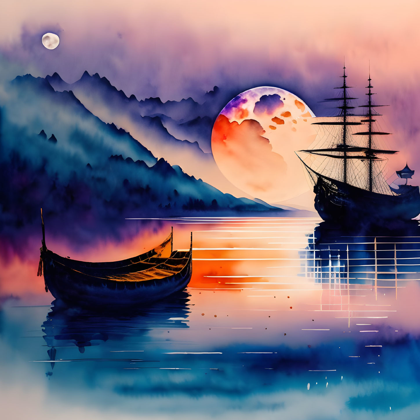 Digital artwork: Boats on tranquil waters with oversized moon, mountain silhouettes, twilight sky