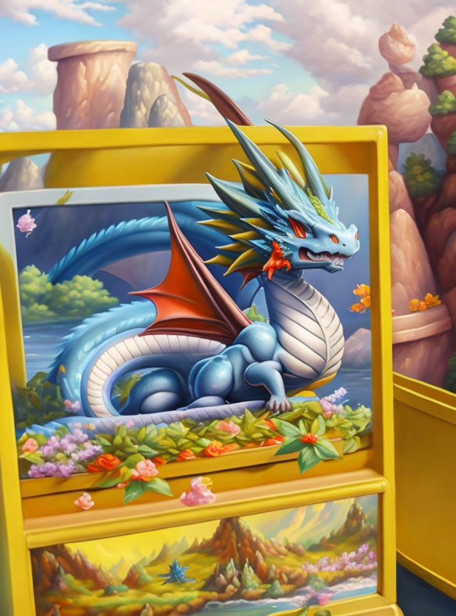 Colorful Blue Dragon Resting on Yellow Bookshelf in Fantastical Landscape