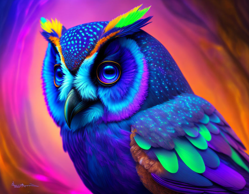 Colorful Owl Artwork with Abstract Background in Blue, Purple, and Orange