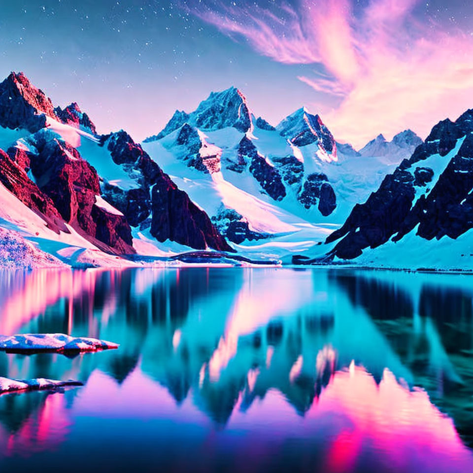 Snow-capped peaks and pink sky over tranquil mountain lake