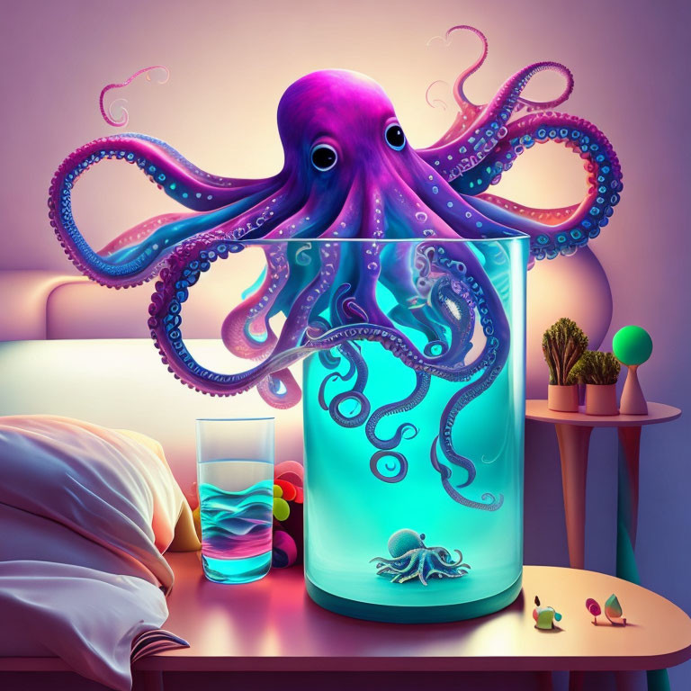 Colorful Purple Octopus in Glass Tank Beside Bed