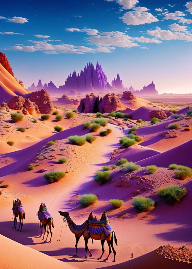 Desert landscape with camels, riders, sand dunes, mountain backdrop, and sunset sky.