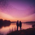 Couple holding hands by lake at twilight with birds in purple sky