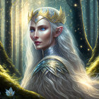 Elven queen in golden crown and silver armor in sunlit forest