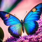 Blue butterfly with black and turquoise patterns on purple flowers