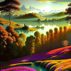 Colorful landscape with flowers, lake, and mountains under warm sunset sky