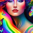 Colorful portrait featuring person with rainbow hair, makeup, and butterflies