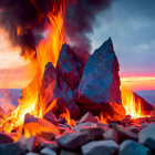 Intense volcanic eruption with lava, fiery rocks, smoke, and dramatic sky