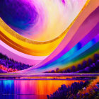 Colorful landscape with swirling sky, rainbow, and reflective water