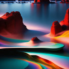 Colorful surreal landscape with reflections, orange-red rocks, blue skies, and rainbow patterns.