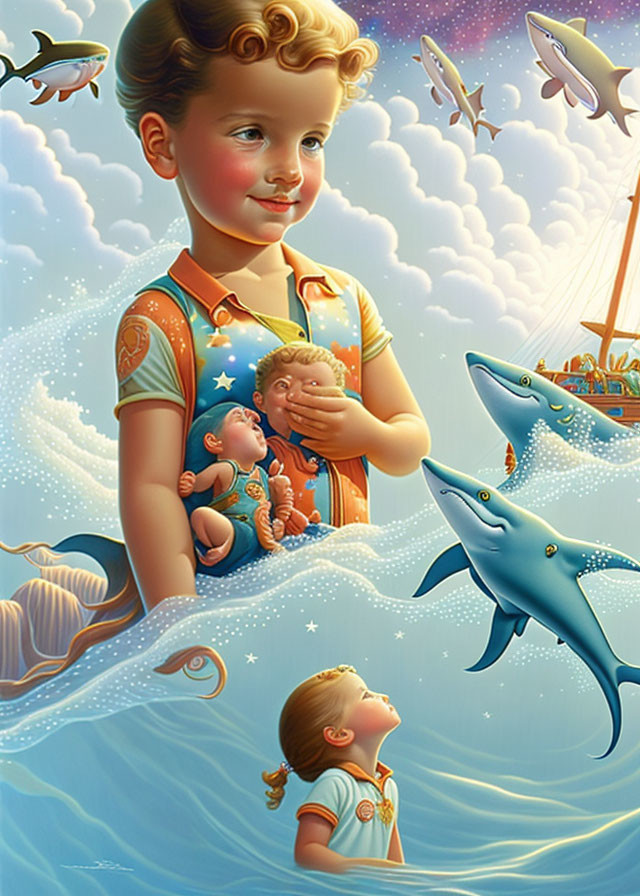 Child in surreal illustration with flying dolphins, cloud ship, and miniatures