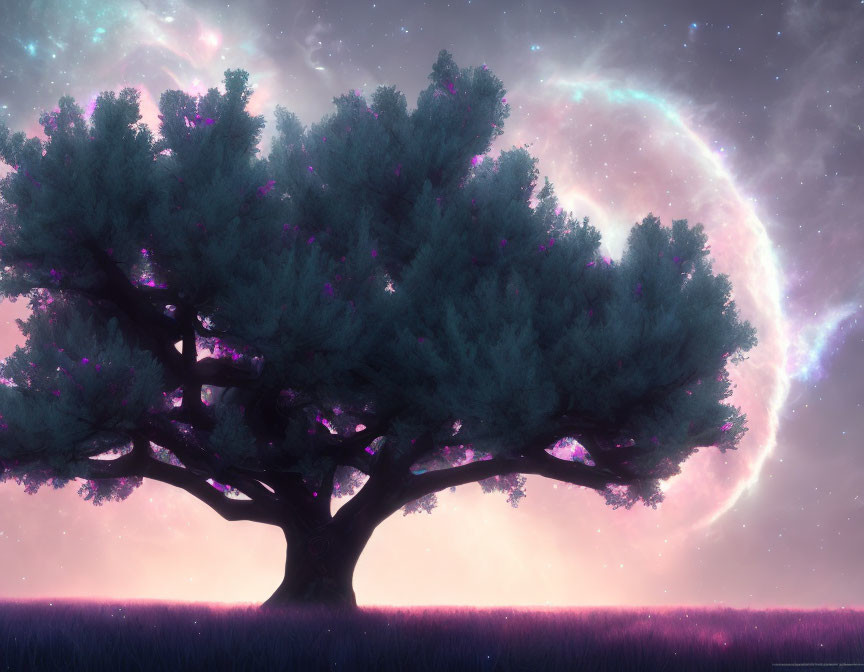 Majestic tree under cosmic sky with glowing celestial ring