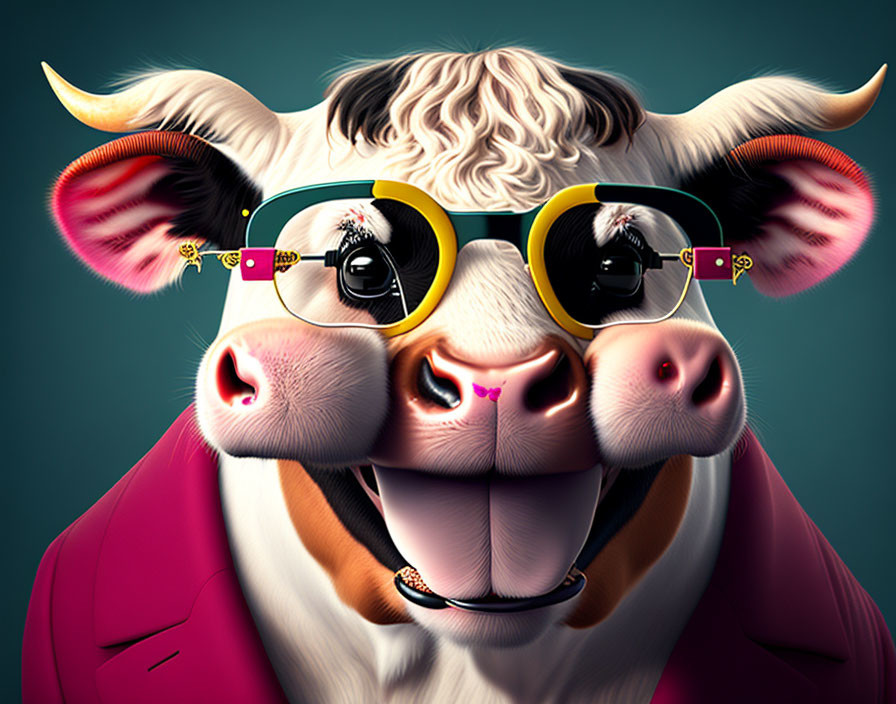 Cartoon Cow with Glasses and Pink Suit on Teal Background