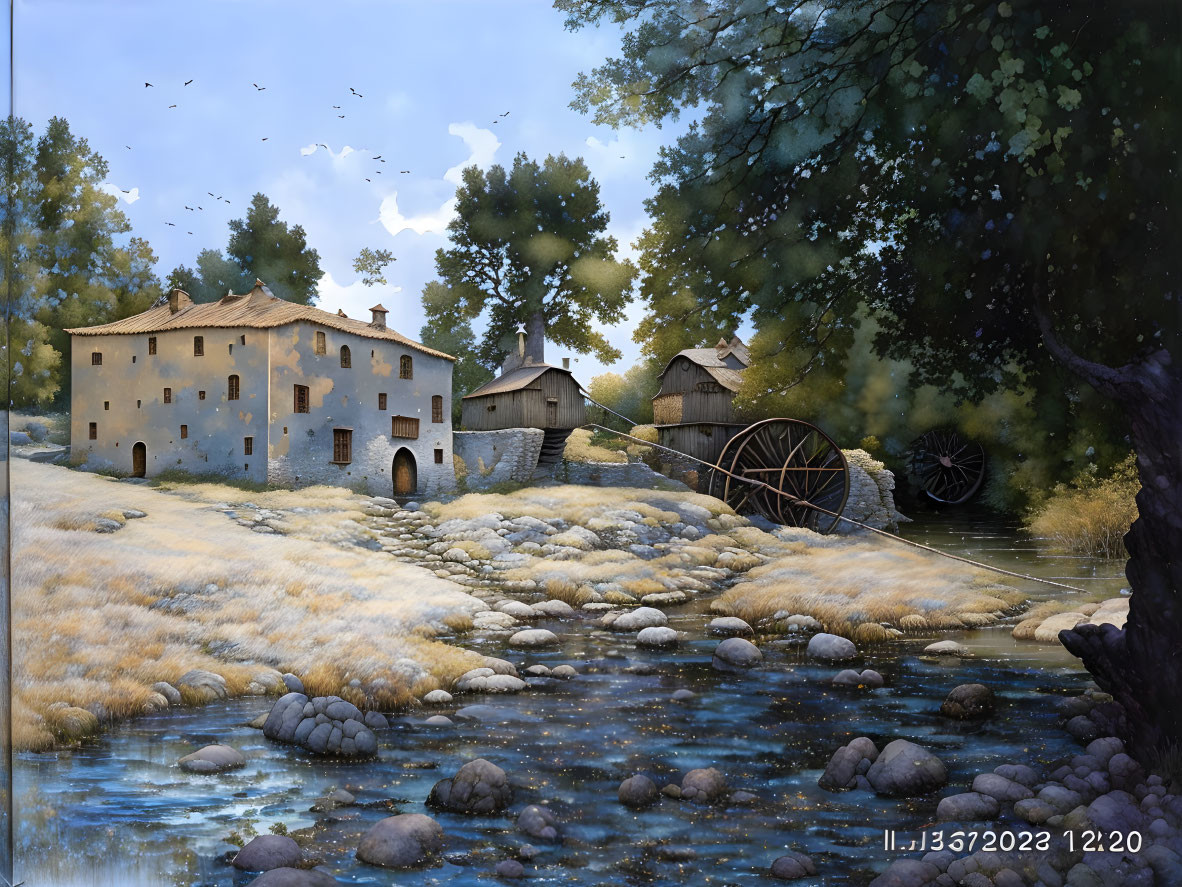 Tranquil rural landscape with stone houses, water wheel, river, trees, and birds in autumn