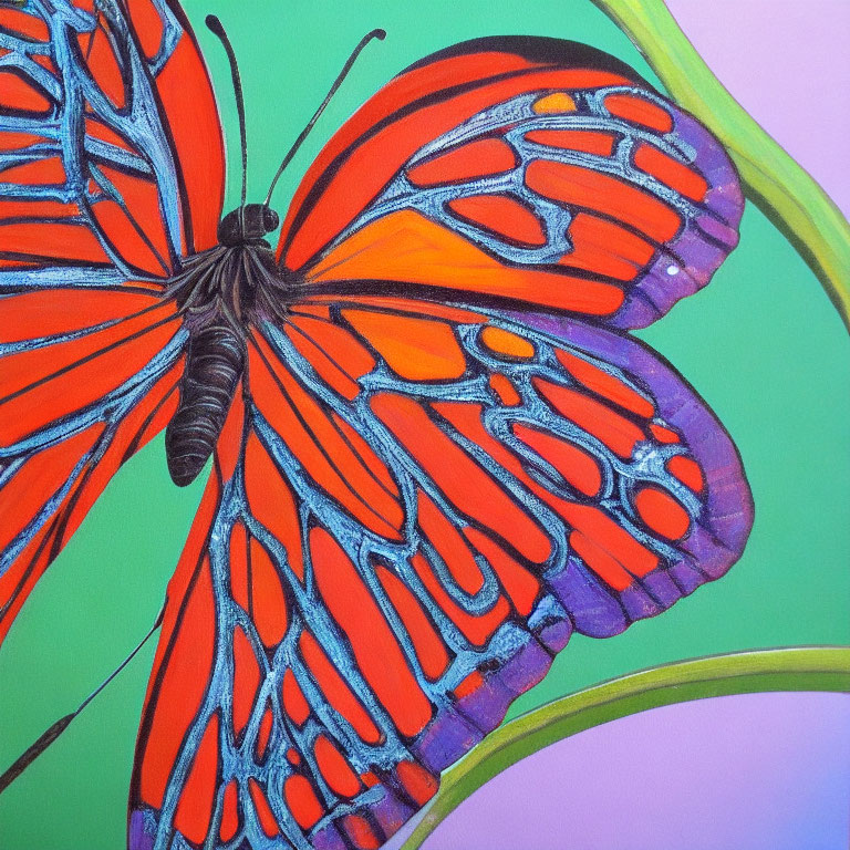 Colorful Butterfly Painting on Purple and Green Background