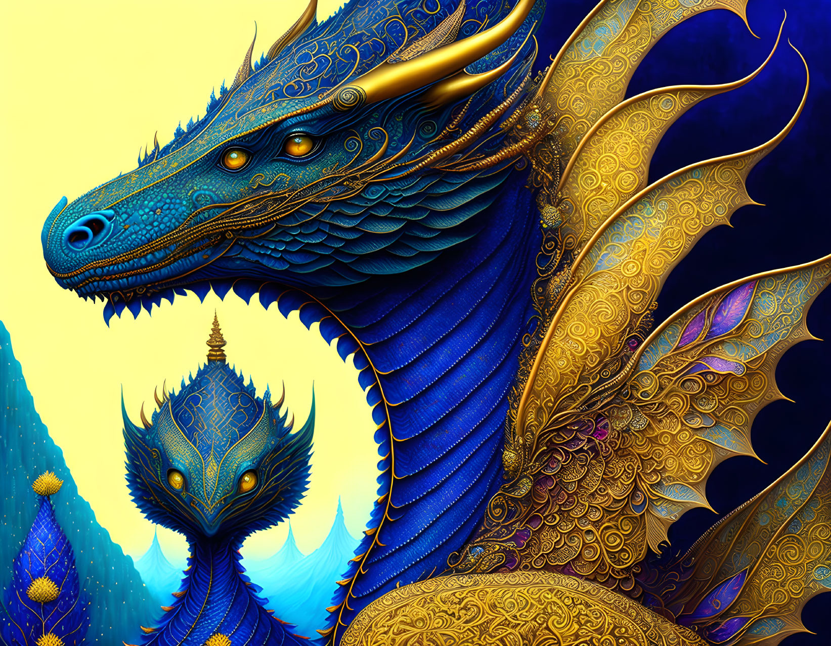 Detailed Blue Dragon Artwork with Golden Accents on Blue and Yellow Background