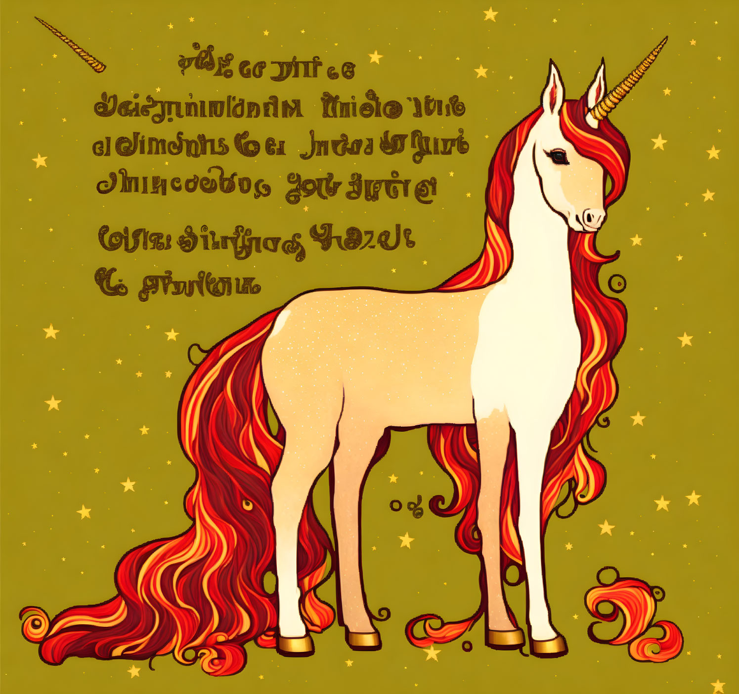 Stylized unicorn with fiery mane among stars on mustard yellow background