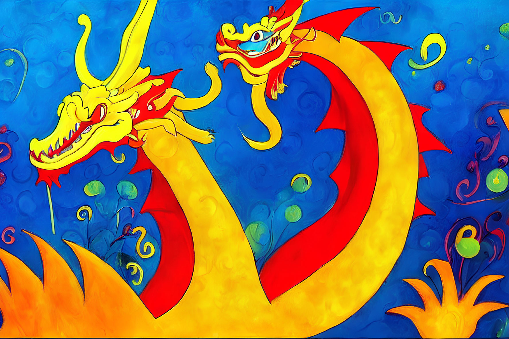 Vibrant Dragon Artwork with Flames and Swirling Background