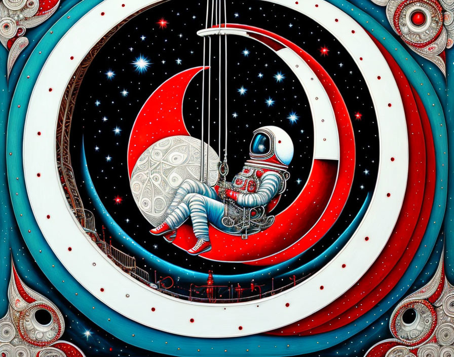 Astronaut swinging on crescent moon in vibrant universe