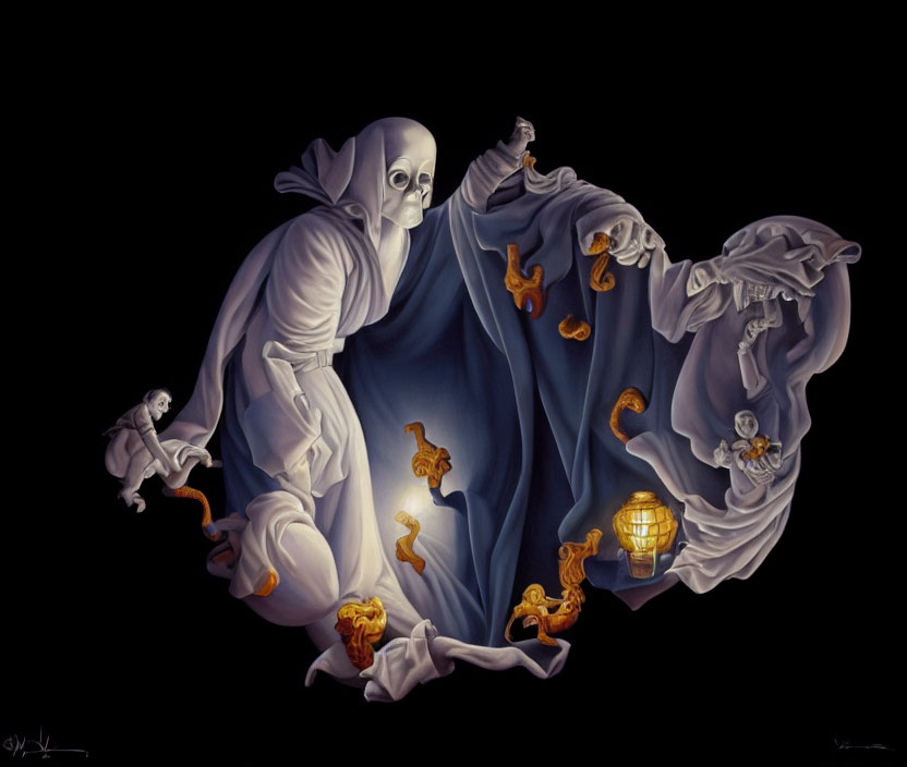 Surreal painting of robed figures with skull-like faces in dark setting