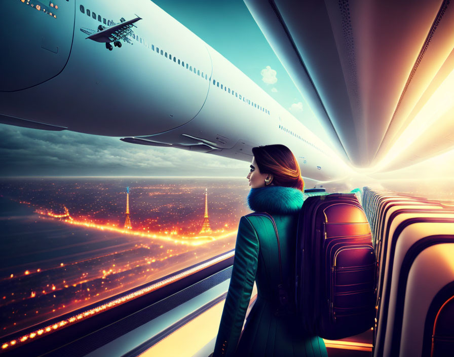 Woman admires sunset cityscape from airplane window