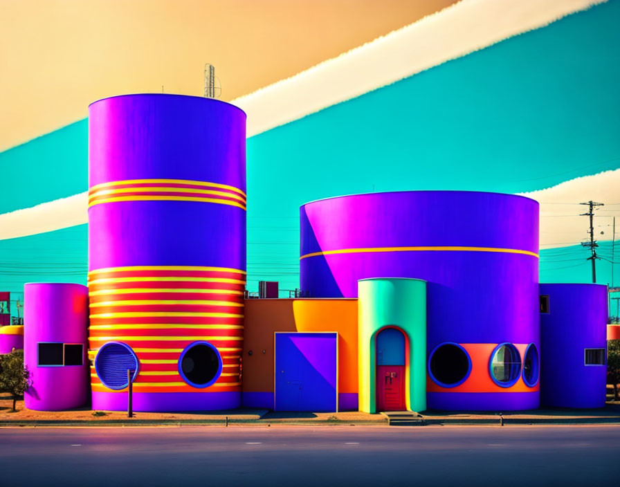 Vibrant modern architecture with colorful cylindrical elements and vivid purple and orange hues under a turquoise and pink