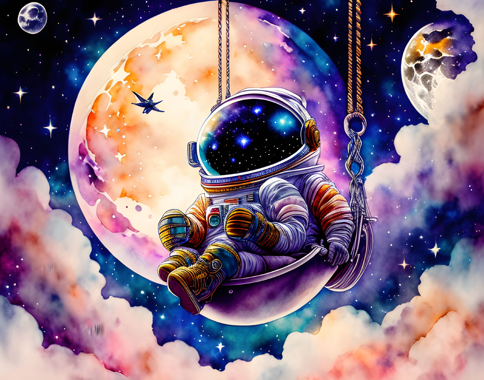 Astronaut on cosmic swing surrounded by vibrant nebulae, planets, and moon