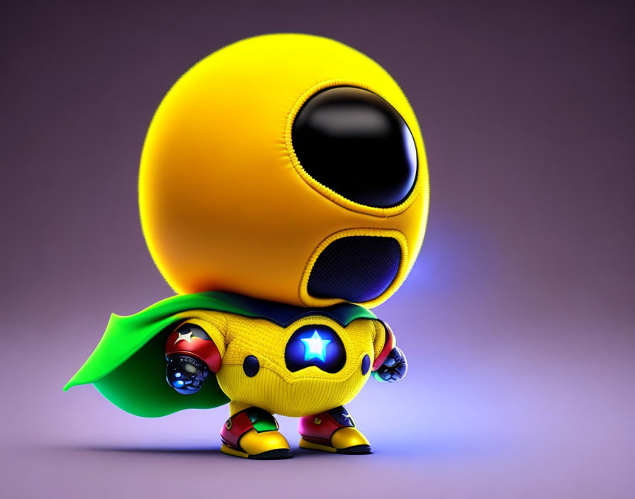 Stylized superhero character in 3D with Pac-Man resemblance on purple backdrop