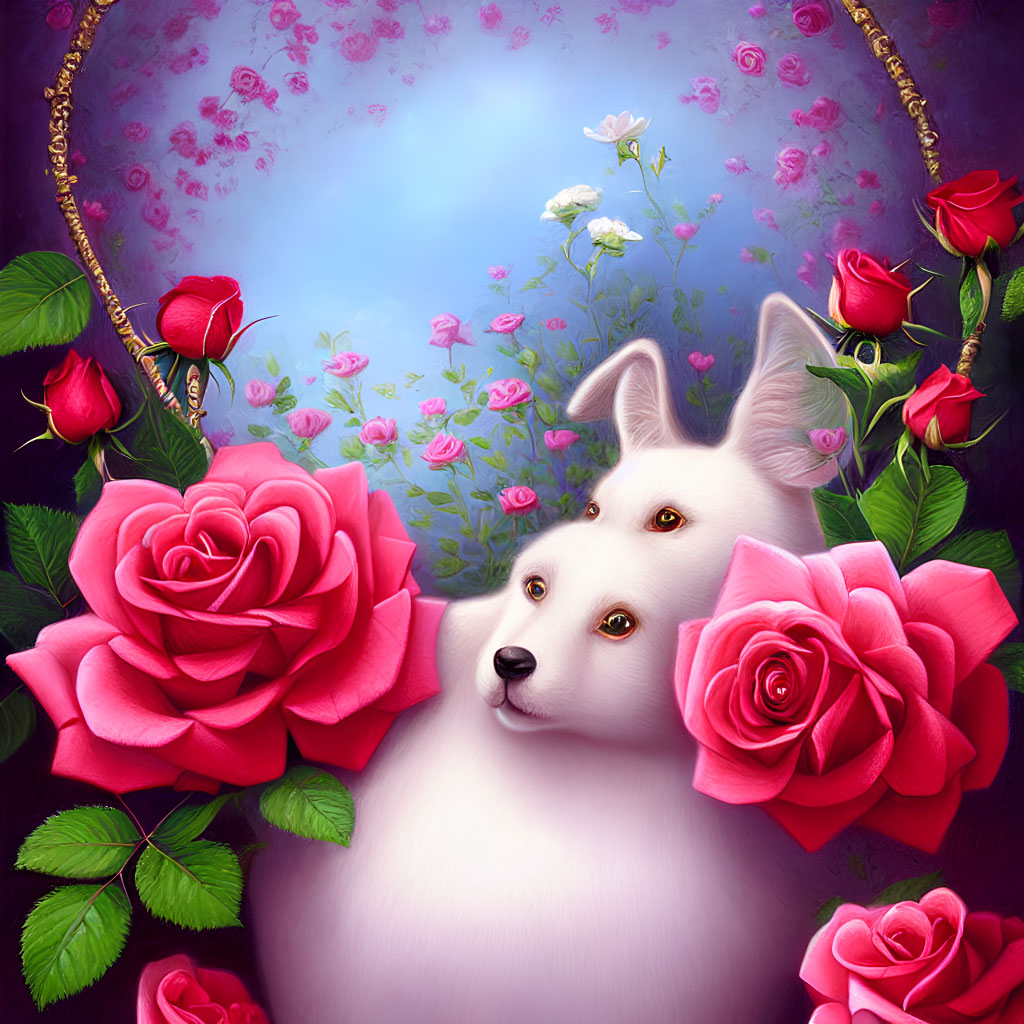 White Dog Surrounded by Pink and Red Roses in Floral Heart Frame