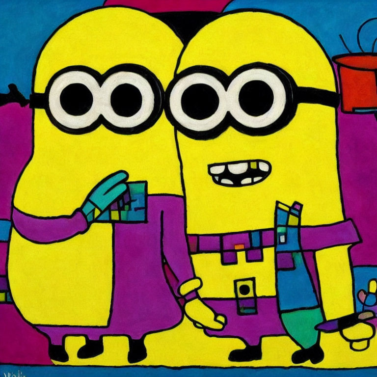 Yellow animated characters with goggles, one waving and holding a cup, the other with a beaker,