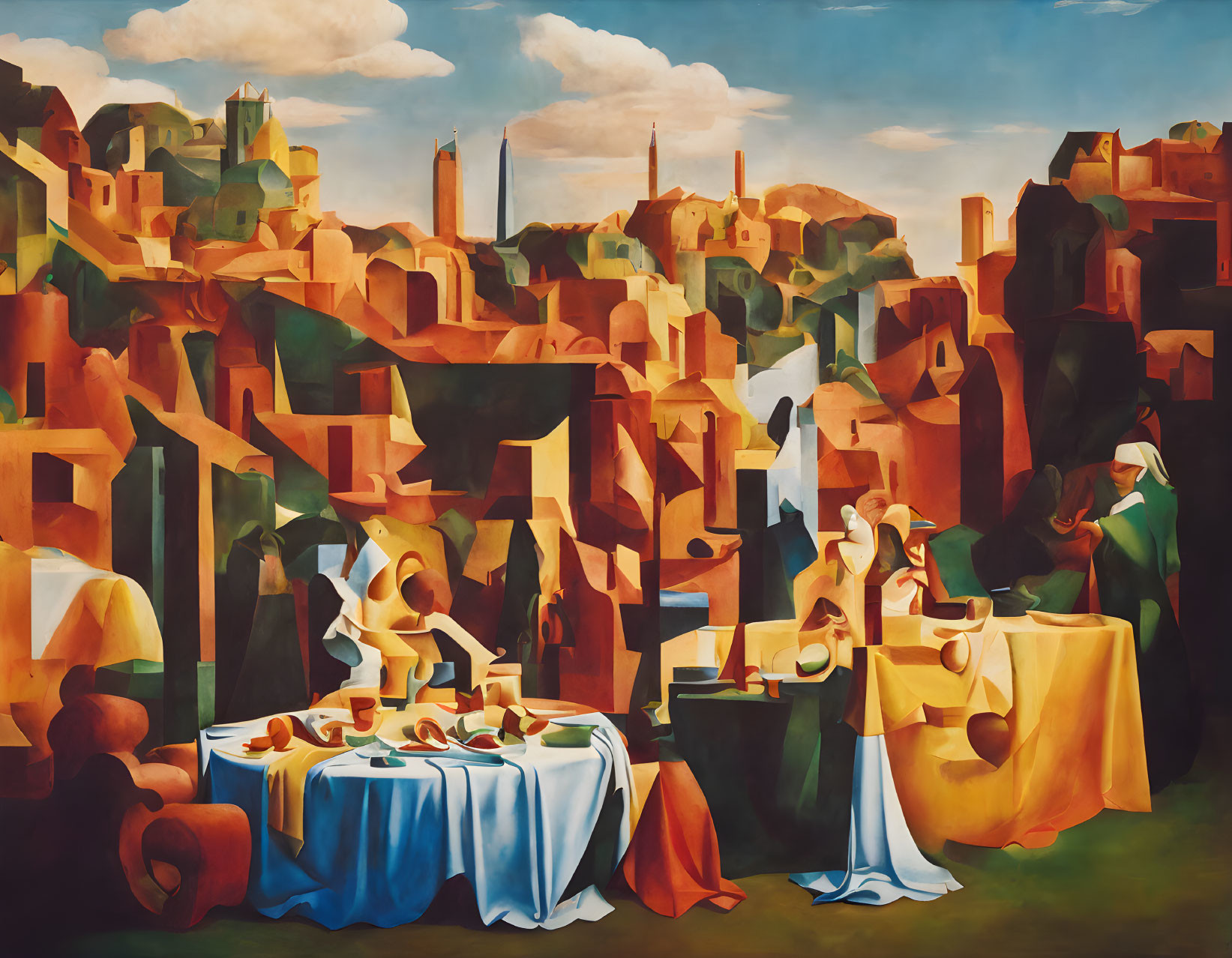 Cubist-style painting of figures with fruit and abstract buildings