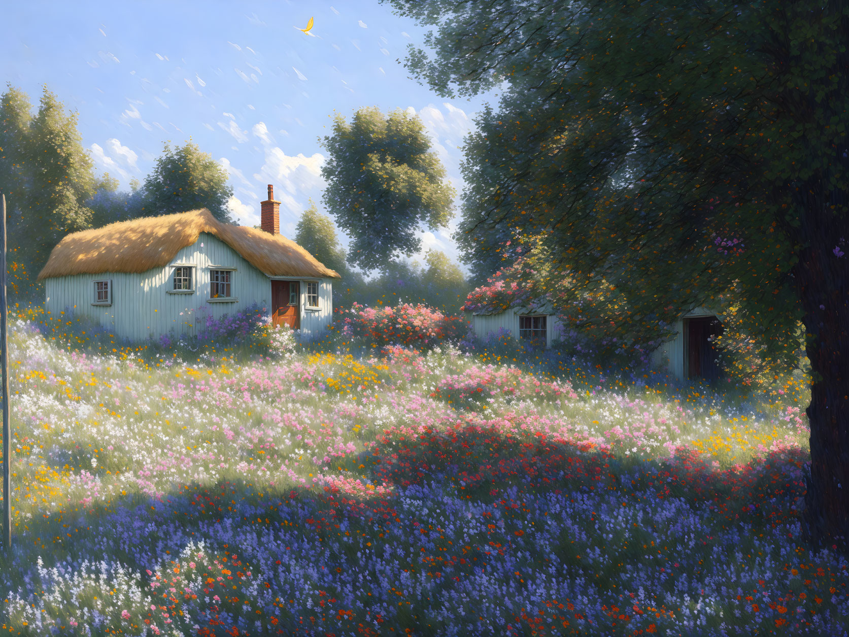 Thatched-Roof Cottage Surrounded by Wildflowers in Countryside