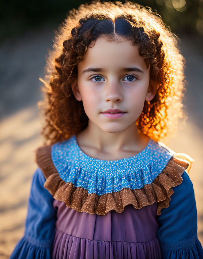 Curly-haired girl in blue dress under sunlight