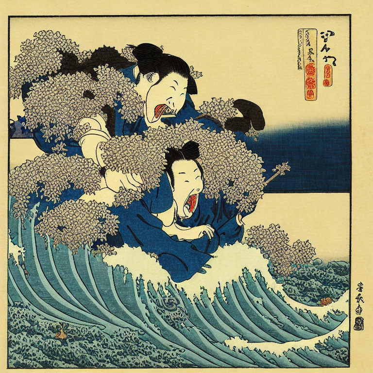 Traditional Japanese attire figures in joyful scene with waves and chrysanthemums