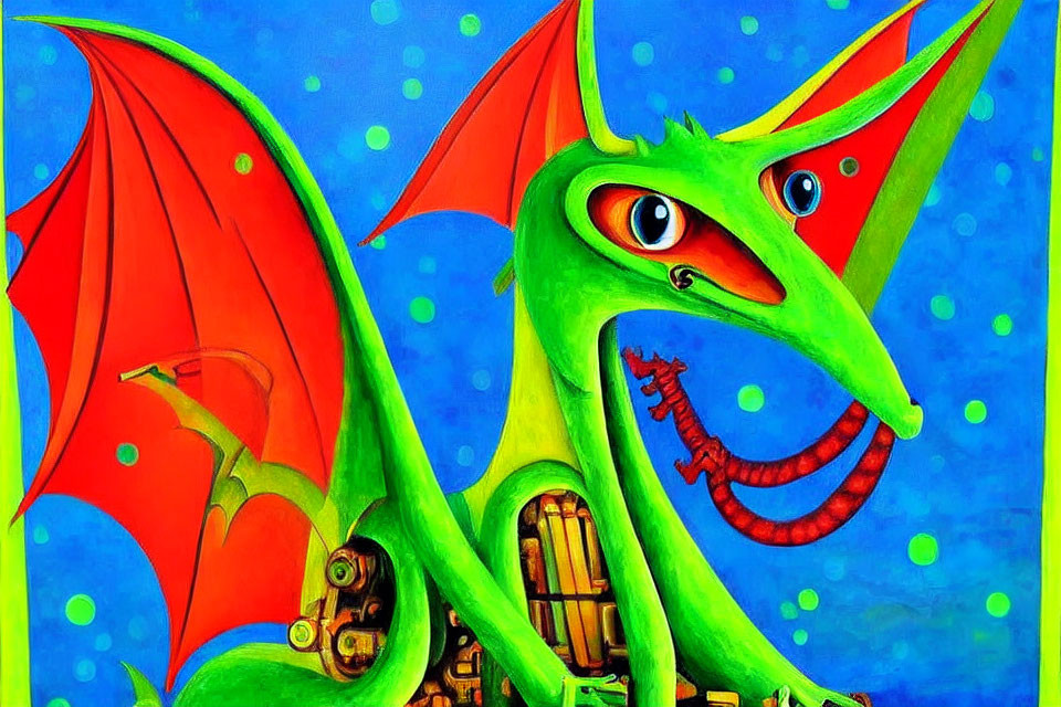 Colorful Illustration of Whimsical Green Dragon with Red Wings