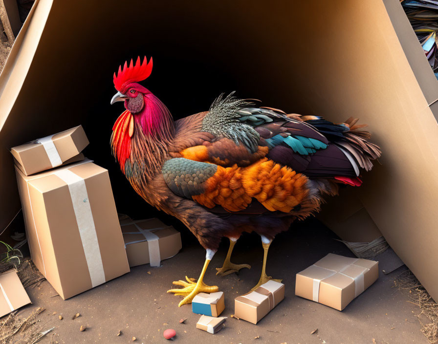 Vibrant rooster among boxes and pearls in warm setting