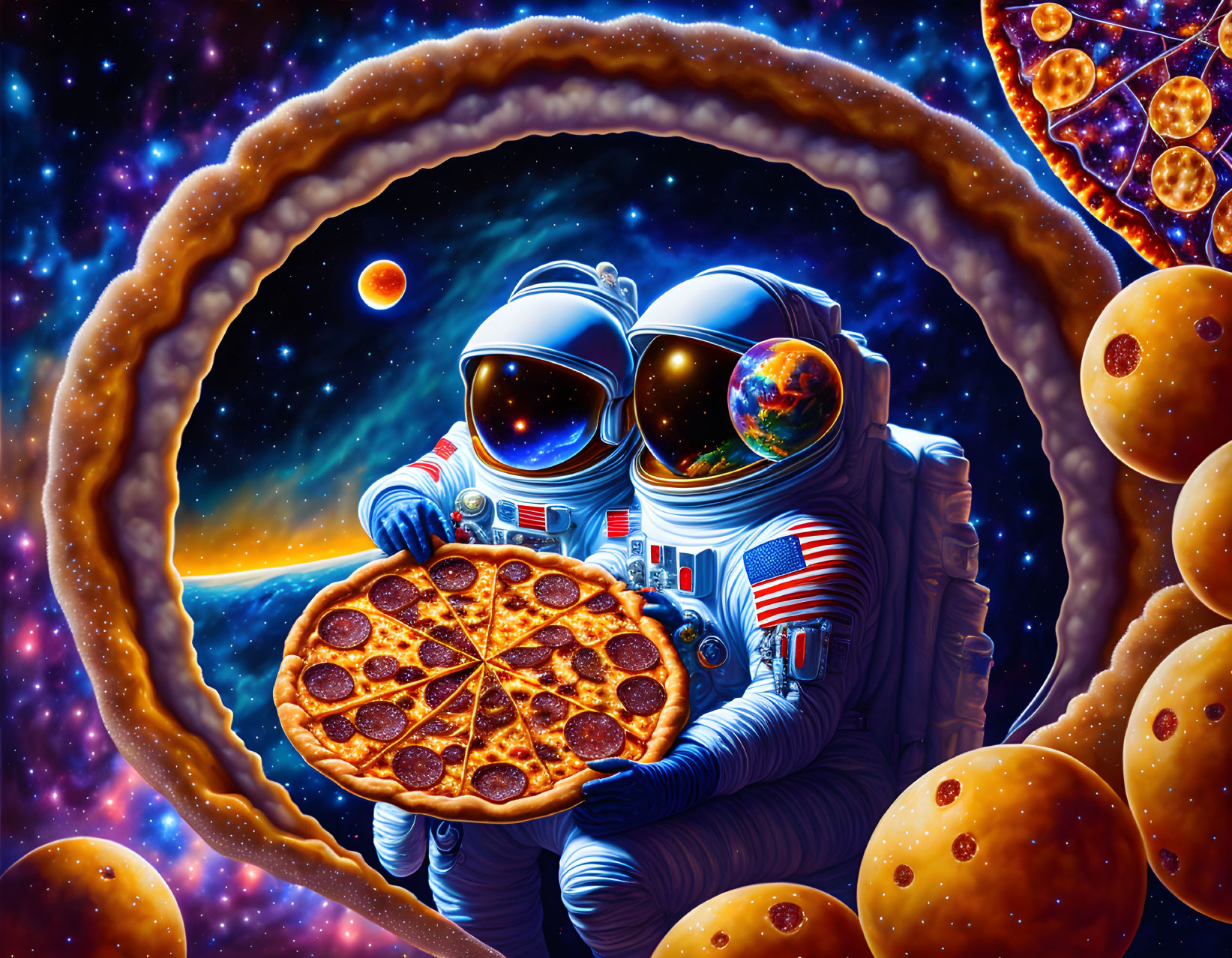 Astronauts with pepperoni pizza in cosmic setting.