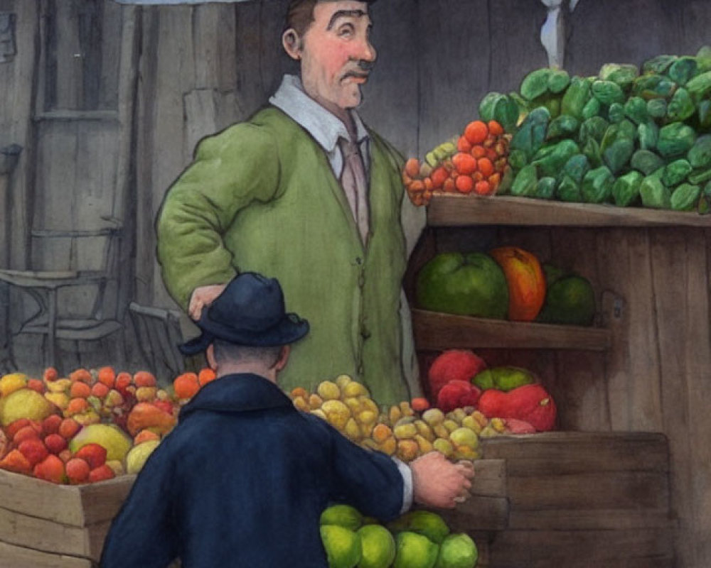 Man in Cap Selecting Colorful Fruits at Market Stall with Vendor in Green Coat