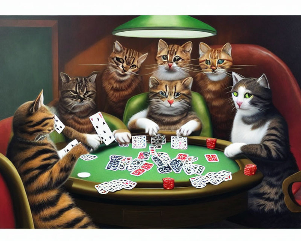 Six cats playing poker around green table with cards and chips