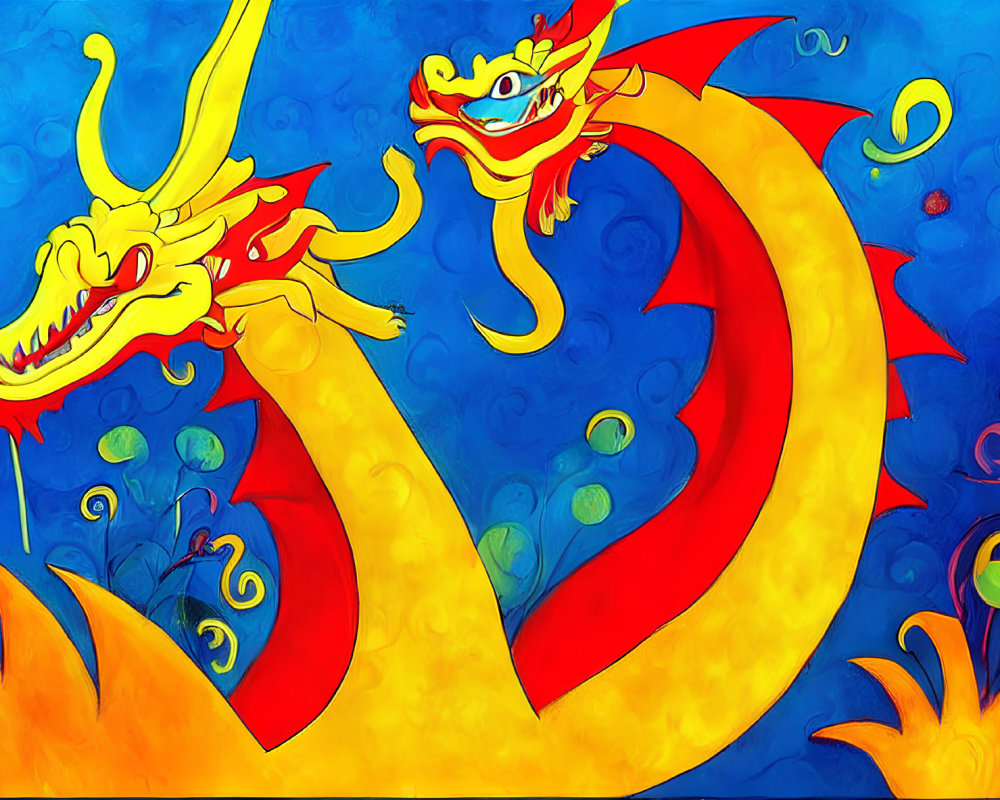 Vibrant Dragon Artwork with Flames and Swirling Background