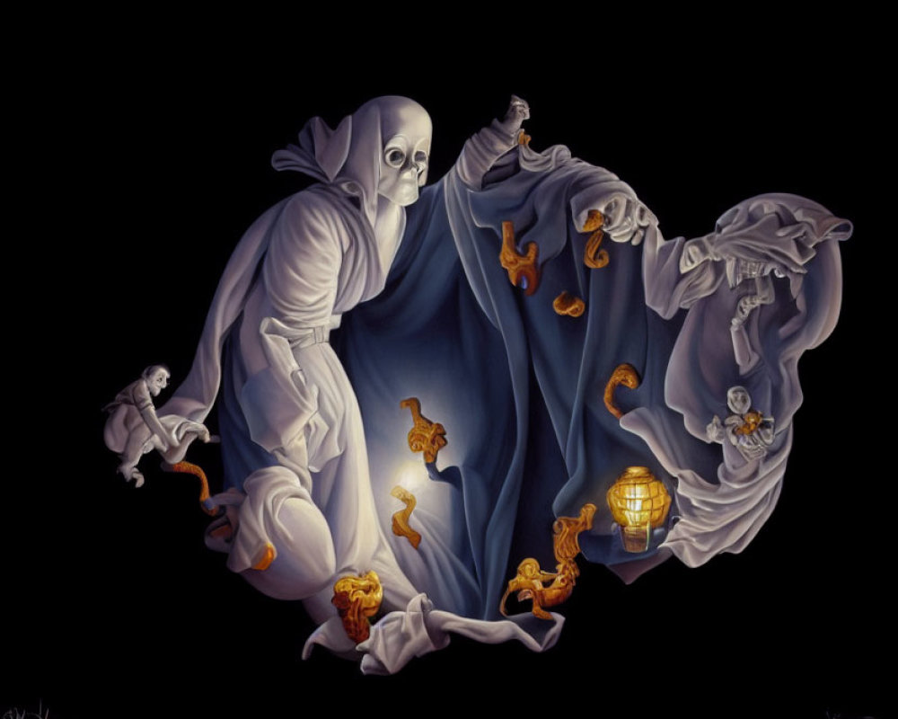 Surreal painting of robed figures with skull-like faces in dark setting