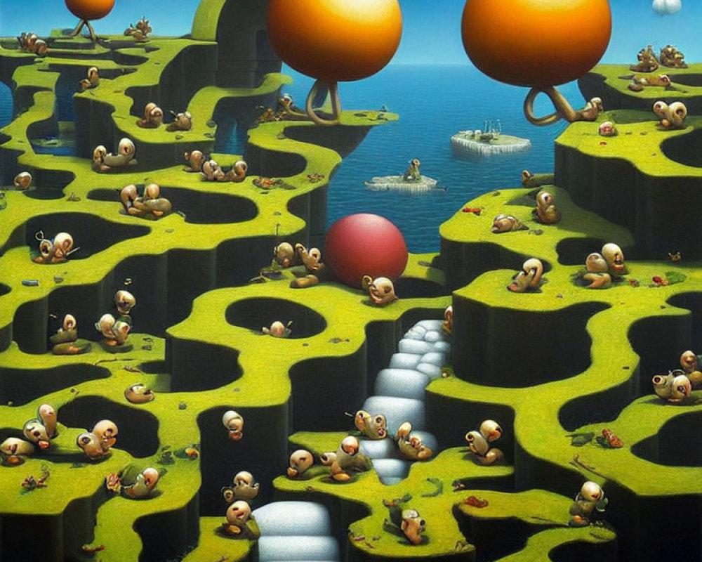 Surreal landscape with floating orbs, creatures, burrows, and red sphere on ocean background