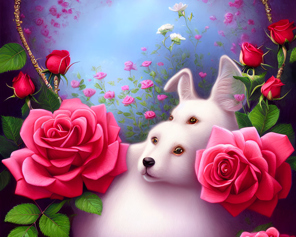 White Dog Surrounded by Pink and Red Roses in Floral Heart Frame