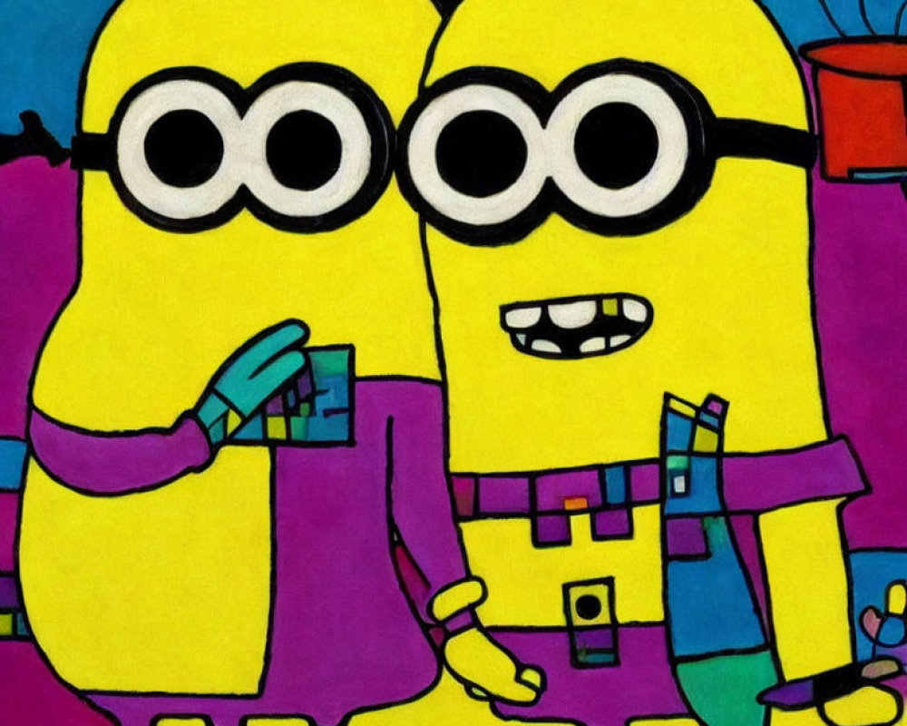 Yellow animated characters with goggles, one waving and holding a cup, the other with a beaker,