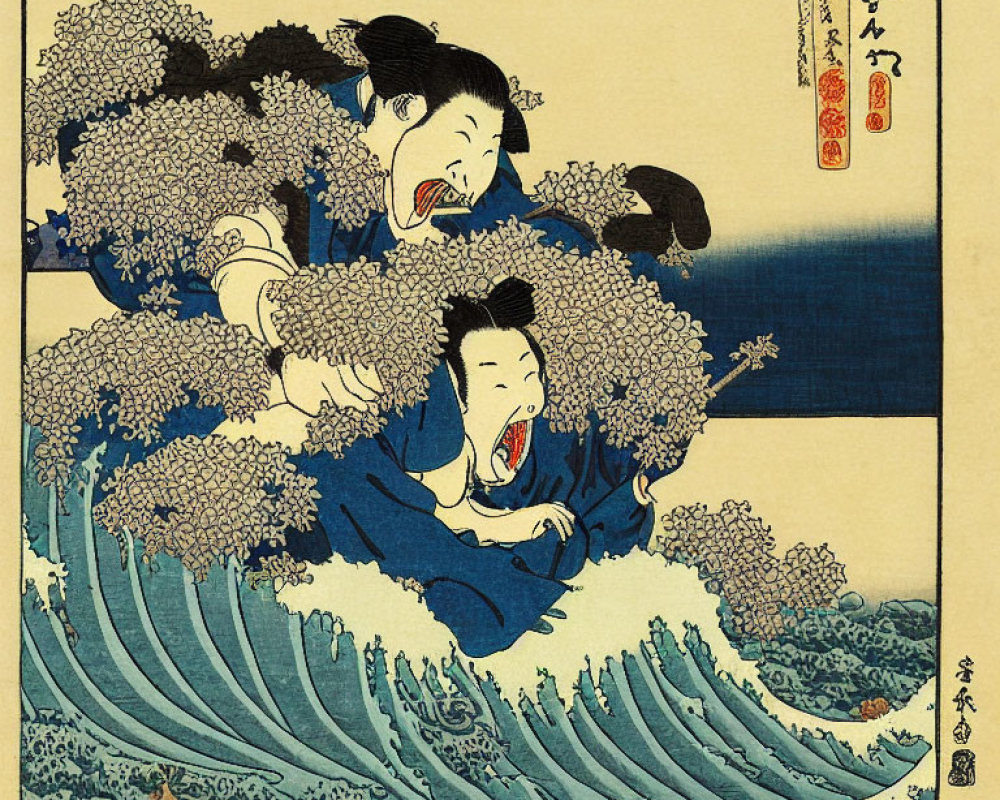 Traditional Japanese attire figures in joyful scene with waves and chrysanthemums