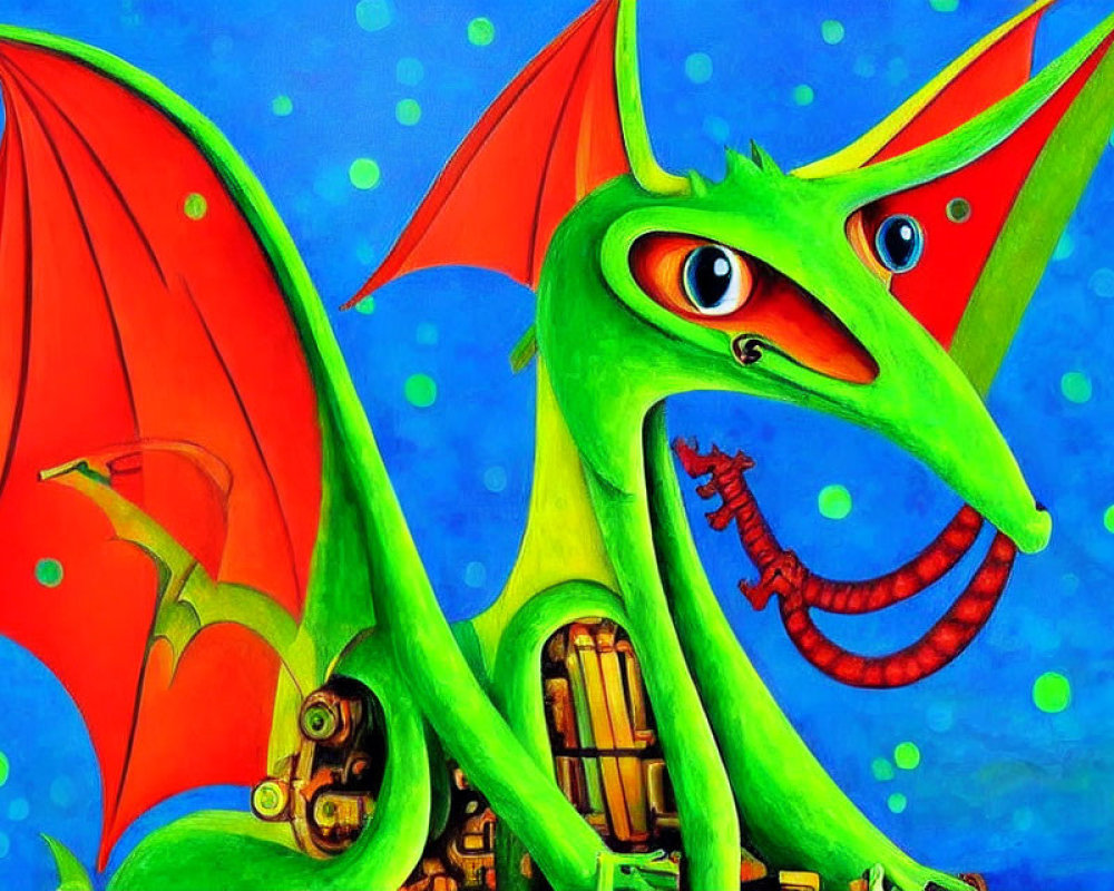 Colorful Illustration of Whimsical Green Dragon with Red Wings