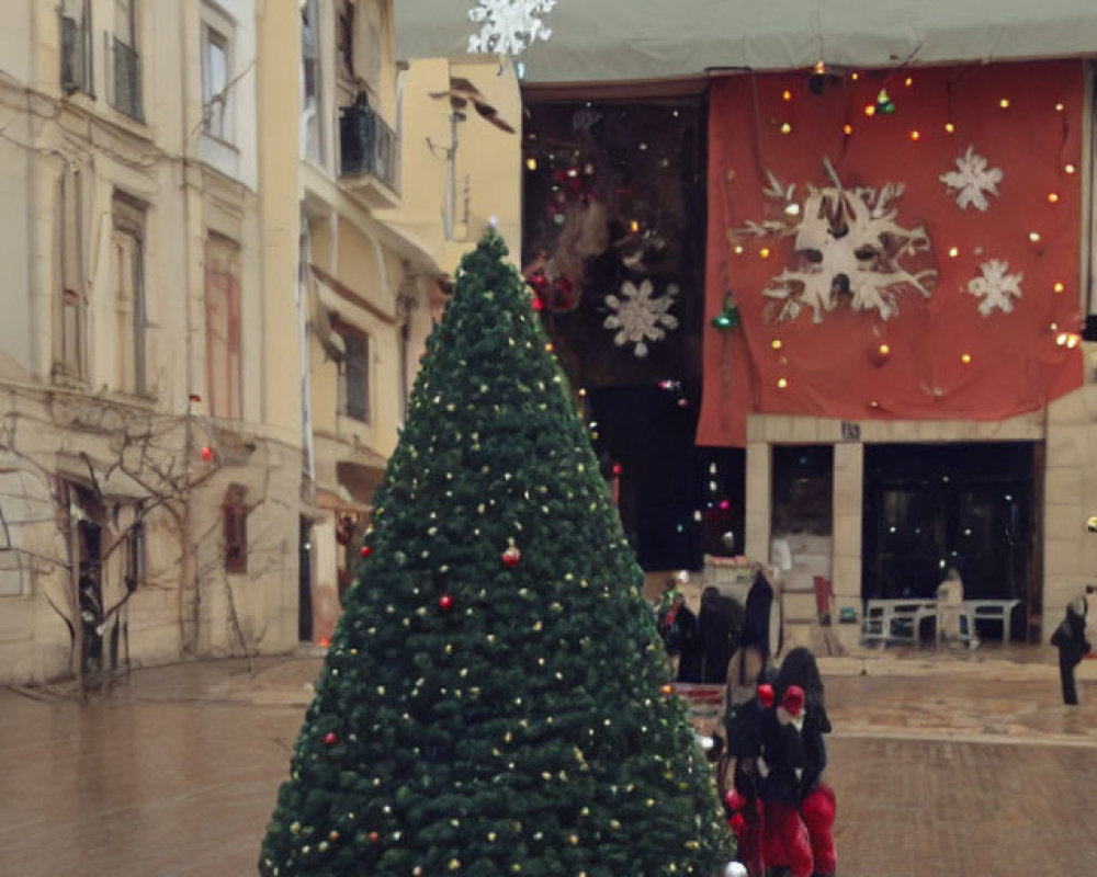 Festive Christmas tree in town square with holiday decorations.