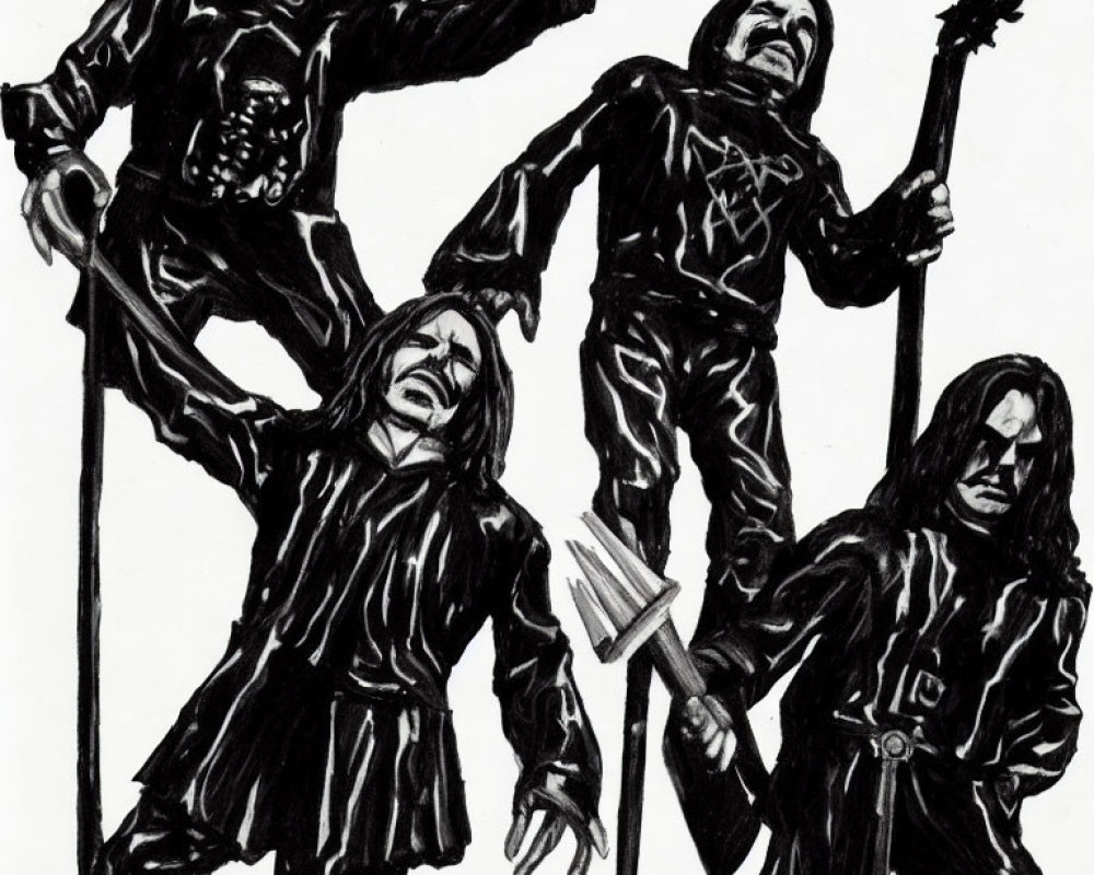 Monochromatic drawing of four male figures in heavy metal attire