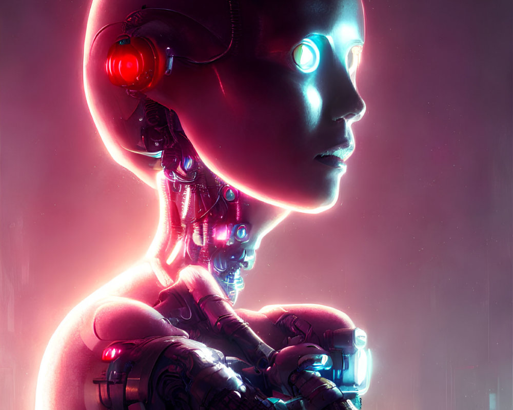 Futuristic robotic being with human-like face on pink background