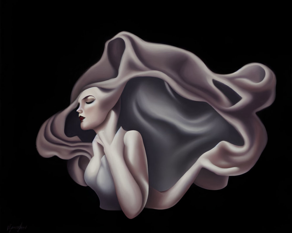 Surreal grayscale image of woman in flowing attire against dark backdrop